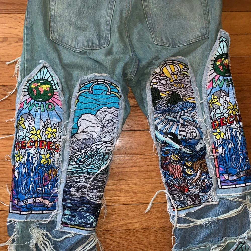 WHO DECIDES WAR PANTS GREEN SANDY WAR FUSION EMBROIDERED JEANS WAIST 28 MRDR BRA